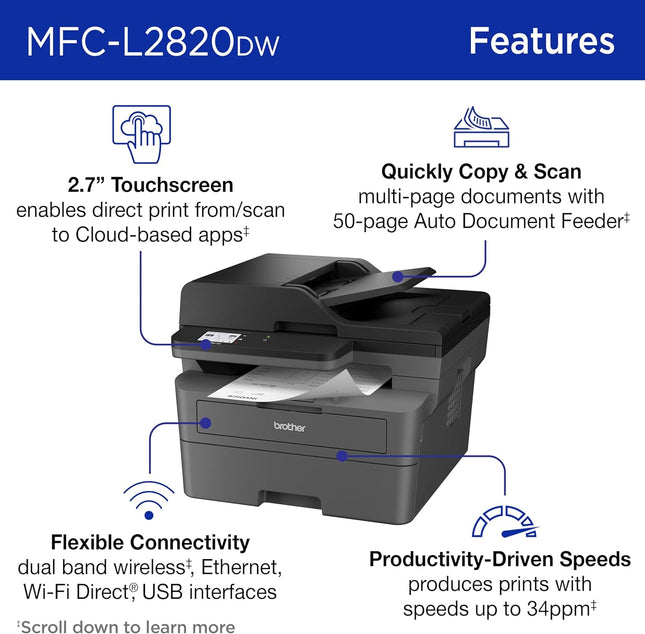 Brother MFC-L2820DW Wireless Compact Monochrome All-in-One Laser Printer with Copy, Scan and Fax, Duplex, Black &White | includes Refresh Subscription Trial(1), Amazon Dash Replenishment Ready