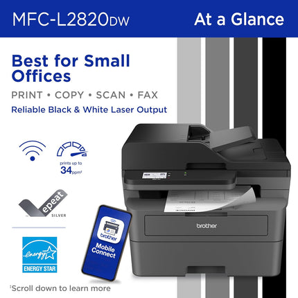 Brother MFC-L2820DW Wireless Compact Monochrome All-in-One Laser Printer with Copy, Scan and Fax, Duplex, Black &White | includes Refresh Subscription Trial(1), Amazon Dash Replenishment Ready