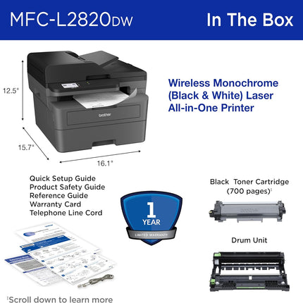 Brother MFC-L2820DW Wireless Compact Monochrome All-in-One Laser Printer with Copy, Scan and Fax, Duplex, Black &White | includes Refresh Subscription Trial(1), Amazon Dash Replenishment Ready