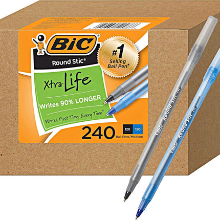 BIC Round Stic Xtra Life Blue Ballpoint Pens, Medium Point (1.0mm), Flexible Round Barrel for Writing Comfort, No. 1 Selling Ballpoint Pens