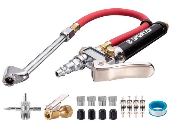 Spurtar 10-120 PSI Heavy Duty Tire Inflator Gauge Air Chuck with Pressure Gauge with 4 Way Tool and Valve Cores TirePressure Gauge with Inflator 12" Air Hose for Car Automotive Truck