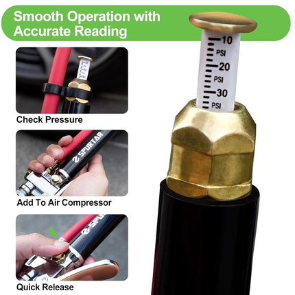 Spurtar 10-120 PSI Heavy Duty Tire Inflator Gauge Air Chuck with Pressure Gauge with 4 Way Tool and Valve Cores TirePressure Gauge with Inflator 12" Air Hose for Car Automotive Truck