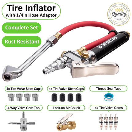 Spurtar 10-120 PSI Heavy Duty Tire Inflator Gauge Air Chuck with Pressure Gauge with 4 Way Tool and Valve Cores TirePressure Gauge with Inflator 12" Air Hose for Car Automotive Truck
