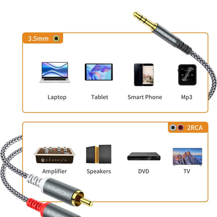 MCSPER RCA to 3.5mm AUX Cable, (6.6 Feet) 3.5 mm 1/8 to RCA 2-Male Headphone Jack Adapter Splitter PremiumStereo Audio Cord for Connects a Smartphone, Tablet, HDTV