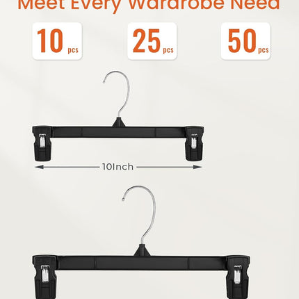 HOUSE DAY Black Pants Hangers, 12 Inch Skirt Hangers with Non-Slip Big Clips and 360° Swivel Hook, HeavyDuty Slim Plastic Pants Hangers, Space Saving Clip Hangers for Pants, Skirts, Short