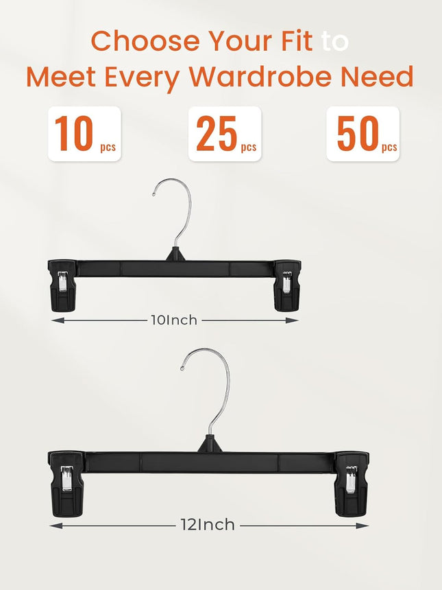 HOUSE DAY Black Pants Hangers, 12 Inch Skirt Hangers with Non-Slip Big Clips and 360° Swivel Hook, HeavyDuty Slim Plastic Pants Hangers, Space Saving Clip Hangers for Pants, Skirts, Short