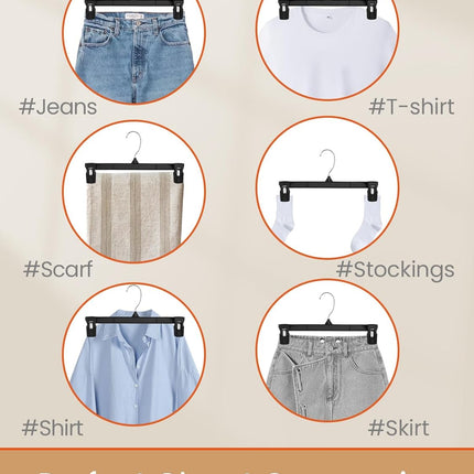 HOUSE DAY Black Pants Hangers, 12 Inch Skirt Hangers with Non-Slip Big Clips and 360° Swivel Hook, HeavyDuty Slim Plastic Pants Hangers, Space Saving Clip Hangers for Pants, Skirts, Short