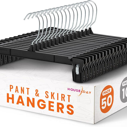 HOUSE DAY Black Pants Hangers, 12 Inch Skirt Hangers with Non-Slip Big Clips and 360° Swivel Hook, HeavyDuty Slim Plastic Pants Hangers, Space Saving Clip Hangers for Pants, Skirts, Short