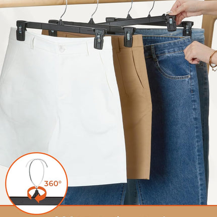 HOUSE DAY Black Pants Hangers, 12 Inch Skirt Hangers with Non-Slip Big Clips and 360° Swivel Hook, HeavyDuty Slim Plastic Pants Hangers, Space Saving Clip Hangers for Pants, Skirts, Short