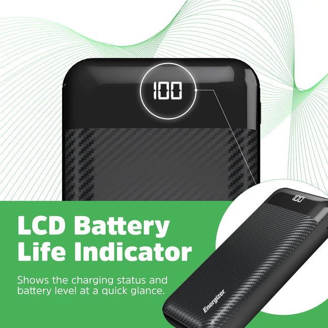 Energizer - MAX 20,000mAh 15W USB-C 3-Port Universal Portable Battery Charger/Power Bank w/ LCD screen for Smartphones & Accessories - Black