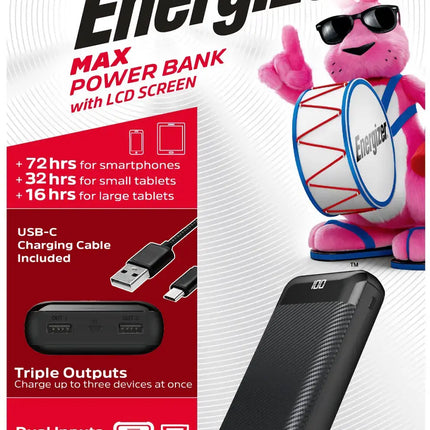 Energizer - MAX 20,000mAh 15W USB-C 3-Port Universal Portable Battery Charger/Power Bank w/ LCD screen for Smartphones & Accessories - Black