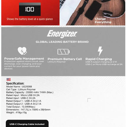 Energizer - MAX 20,000mAh 15W USB-C 3-Port Universal Portable Battery Charger/Power Bank w/ LCD screen for Smartphones & Accessories - Black