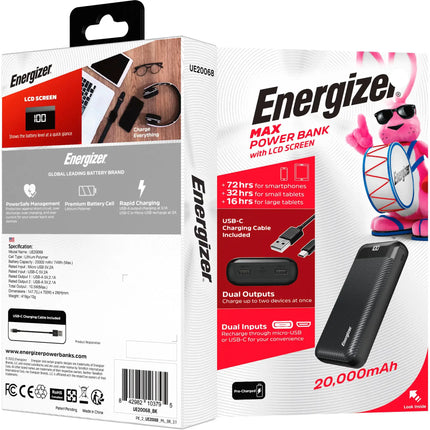 Energizer - MAX 20,000mAh 15W USB-C 3-Port Universal Portable Battery Charger/Power Bank w/ LCD screen for Smartphones & Accessories - Black