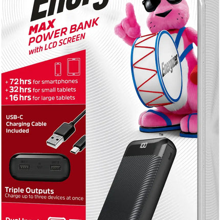 Energizer - MAX 20,000mAh 15W USB-C 3-Port Universal Portable Battery Charger/Power Bank w/ LCD screen for Smartphones & Accessories - Black
