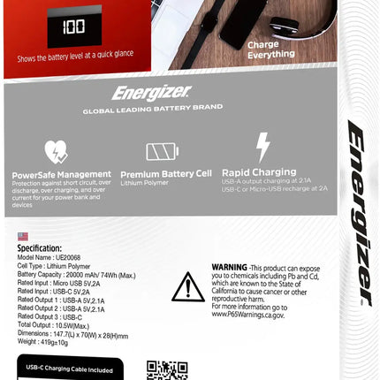 Energizer - MAX 20,000mAh 15W USB-C 3-Port Universal Portable Battery Charger/Power Bank w/ LCD screen for Smartphones & Accessories - Black