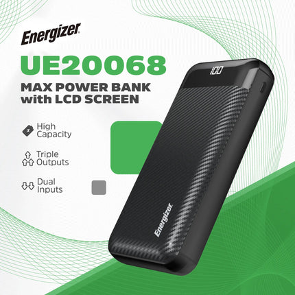Energizer - MAX 20,000mAh 15W USB-C 3-Port Universal Portable Battery Charger/Power Bank w/ LCD screen for Smartphones & Accessories - Black