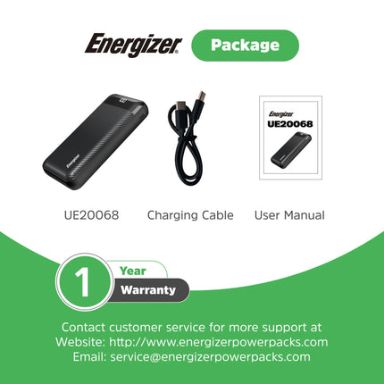 Energizer - MAX 20,000mAh 15W USB-C 3-Port Universal Portable Battery Charger/Power Bank w/ LCD screen for Smartphones & Accessories - Black