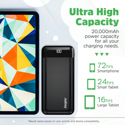 Energizer - MAX 20,000mAh 15W USB-C 3-Port Universal Portable Battery Charger/Power Bank w/ LCD screen for Smartphones & Accessories - Black