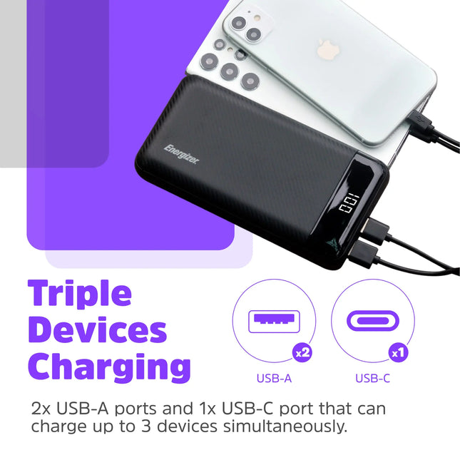 Energizer - MAX 30,000mAh 15W USB-C 3-Port Universal Portable Battery Charger/Power Bank w/ LCD screen for Smartphones & Accessories - Black