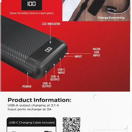 Energizer - MAX 30,000mAh 15W USB-C 3-Port Universal Portable Battery Charger/Power Bank w/ LCD screen for Smartphones & Accessories - Black