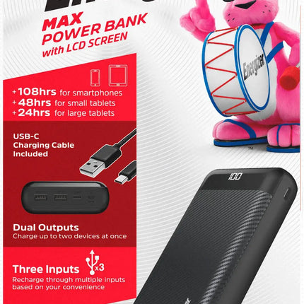 Energizer - MAX 30,000mAh 15W USB-C 3-Port Universal Portable Battery Charger/Power Bank w/ LCD screen for Smartphones & Accessories - Black