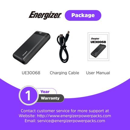 Energizer - MAX 30,000mAh 15W USB-C 3-Port Universal Portable Battery Charger/Power Bank w/ LCD screen for Smartphones & Accessories - Black