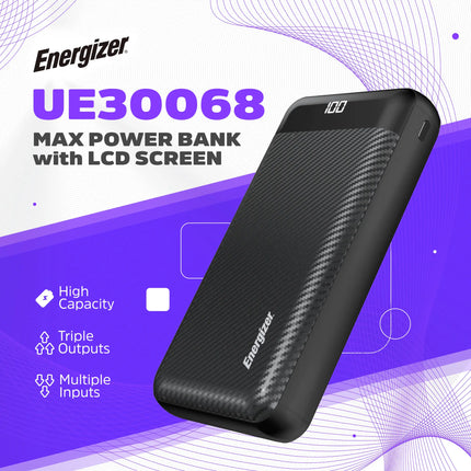 Energizer - MAX 30,000mAh 15W USB-C 3-Port Universal Portable Battery Charger/Power Bank w/ LCD screen for Smartphones & Accessories - Black