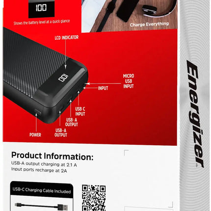 Energizer - MAX 30,000mAh 15W USB-C 3-Port Universal Portable Battery Charger/Power Bank w/ LCD screen for Smartphones & Accessories - Black