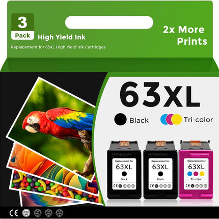 Relcolor Remanufactured Ink Cartridge Replacement for HP 63XL 63 XL (2 Black and 1 Color 3-Pack) Work with 38304650 4652 4655 5200 5252 5255 5258 4520 4512 1112 2132 3630 3632 Printer