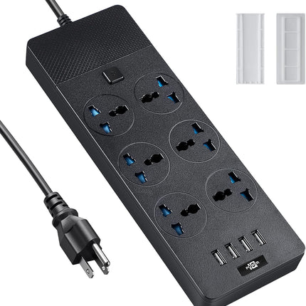 Universal Power Strip, Jumpso 6ft Extension Cord with Multiple Outlets, 110-240v, 3000w Power Strip with USB PortsEuropean Travel Plug Adapter Wall Mount Power Strip for Home Office Cruise, Black