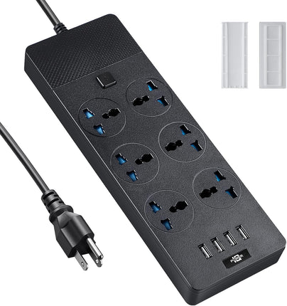 Universal Power Strip, Jumpso 6ft Extension Cord with Multiple Outlets, 110-240v, 3000w Power Strip with USB PortsEuropean Travel Plug Adapter Wall Mount Power Strip for Home Office Cruise, Black