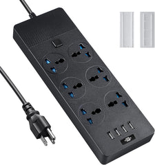 Universal Power Strip, Jumpso 6ft Extension Cord with Multiple Outlets, 110-240v, 3000w Power Strip with USB PortsEuropean Travel Plug Adapter Wall Mount Power Strip for Home Office Cruise, Black
