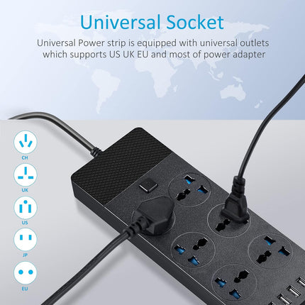Universal Power Strip, Jumpso 6ft Extension Cord with Multiple Outlets, 110-240v, 3000w Power Strip with USB PortsEuropean Travel Plug Adapter Wall Mount Power Strip for Home Office Cruise, Black