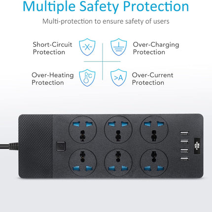 Universal Power Strip, Jumpso 6ft Extension Cord with Multiple Outlets, 110-240v, 3000w Power Strip with USB PortsEuropean Travel Plug Adapter Wall Mount Power Strip for Home Office Cruise, Black
