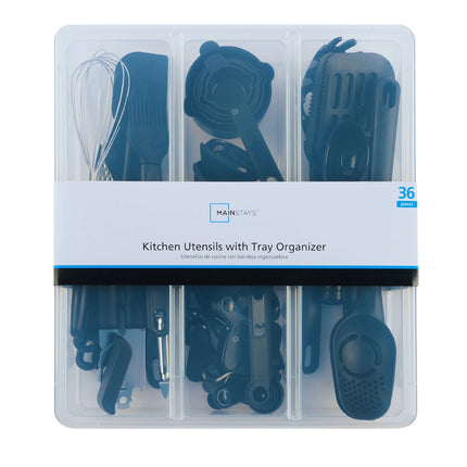 Mainstays 36 Piece Kitchen Gadget Set with Kitchen Cooking Utensils, and Drawer Organizer, Black