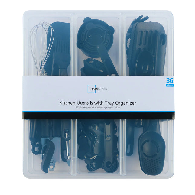 Mainstays 36 Piece Kitchen Gadget Set with Kitchen Cooking Utensils, and Drawer Organizer, Black