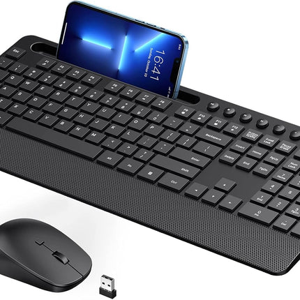 Veilzor Wireless Keyboard and Mouse Combo, 2.4GHz Lag-Free Ergonomic Keyboard Full-Size with Phone Holder & 10Independent Shortcuts, Silent Mouse with 4 DPI for Computer, Desktop, Laptop