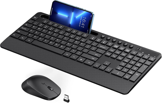 Veilzor Wireless Keyboard and Mouse Combo, 2.4GHz Lag-Free Ergonomic Keyboard Full-Size with Phone Holder & 10Independent Shortcuts, Silent Mouse with 4 DPI for Computer, Desktop, Laptop
