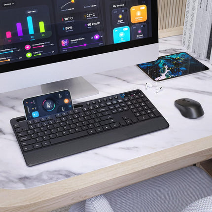 Veilzor Wireless Keyboard and Mouse Combo, 2.4GHz Lag-Free Ergonomic Keyboard Full-Size with Phone Holder & 10Independent Shortcuts, Silent Mouse with 4 DPI for Computer, Desktop, Laptop