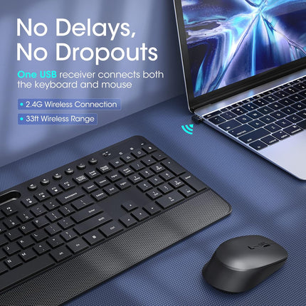 Veilzor Wireless Keyboard and Mouse Combo, 2.4GHz Lag-Free Ergonomic Keyboard Full-Size with Phone Holder & 10Independent Shortcuts, Silent Mouse with 4 DPI for Computer, Desktop, Laptop