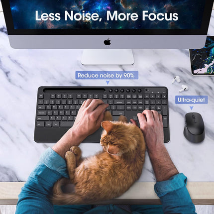 Veilzor Wireless Keyboard and Mouse Combo, 2.4GHz Lag-Free Ergonomic Keyboard Full-Size with Phone Holder & 10Independent Shortcuts, Silent Mouse with 4 DPI for Computer, Desktop, Laptop