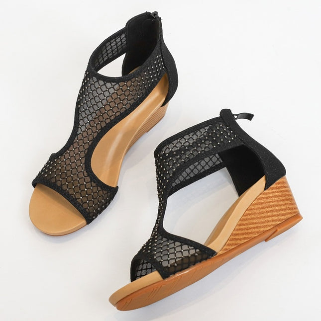 Ladies Summer Sandals All-Match Casual Mesh Thick Sole Wedge Heel Shoes, Size: 40(Black)