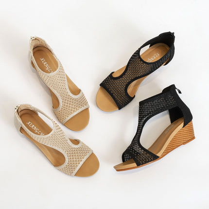 Ladies Summer Sandals All-Match Casual Mesh Thick Sole Wedge Heel Shoes, Size: 40(Black)