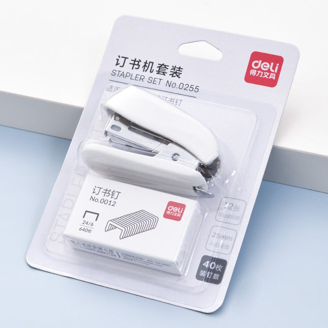 Deli  Macaron Color Stapler + 640 Staples Set Small Mini Stapler Stationery(White)
