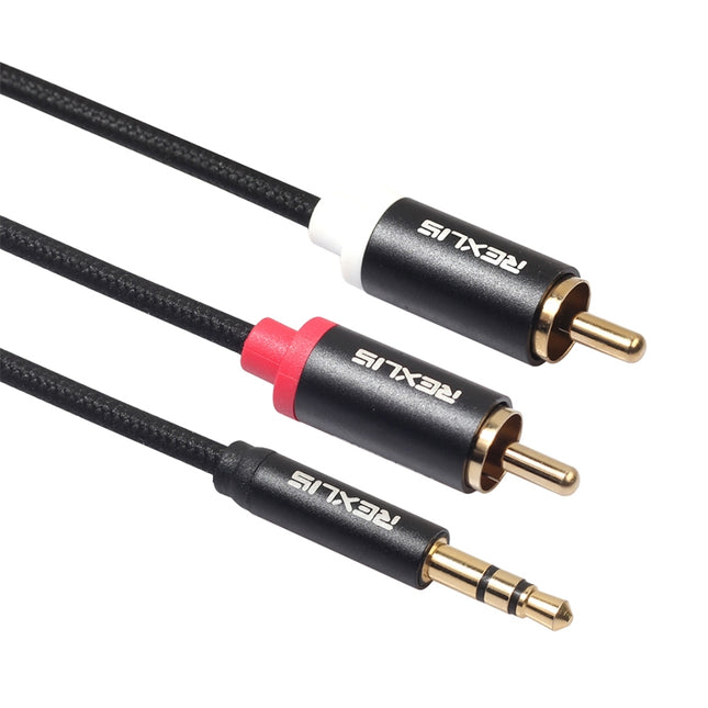 REXLIS 3635 3.5mm Male to Dual RCA Gold- plated Plug Black Cotton Braided Audio Cable for RCA Input Interface Active Speaker, Length: 1.8m