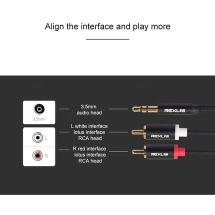REXLIS 3635 3.5mm Male to Dual RCA Gold- plated Plug Black Cotton Braided Audio Cable for RCA Input Interface Active Speaker, Length: 1.8m