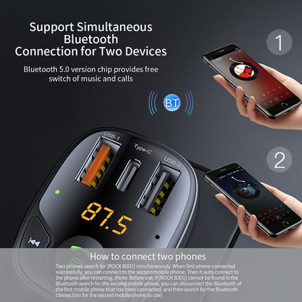 ROCK B301 Dual USB + PD Bluetooth 5.0 FM Transmitter & Car Charger, Support TF Card / U-disk(Black)
