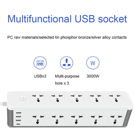D15 2m 3000W 10 Plugs + PD + 3-USB Ports Vertical Socket With Switch, Specification: Two-pin US Plug
