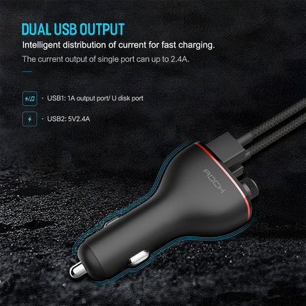 Rock B300 Wireless Bluetooth V4.2 FM Transmitter Radio Adapter Car Charger, With Dual USB Output & Hand-Free Calling, Music Player Support USB Flash Drive & U Disk, Compatible with IOS & Android