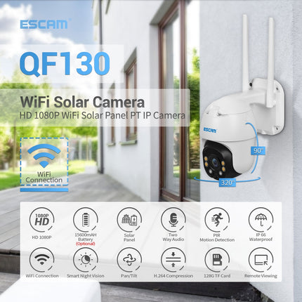 ESCAM QF130 1080P IP66 Waterproof WiFi IP Camera with Solar Panel & Battery, Support Night Vision & Motion Detection & Two Way Audio & TF Card & PTZ Control